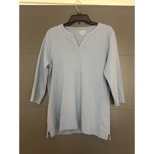 LL Bean Women's Blue V Neck 3/4 Sleeve Cotton Shirt Top L REG